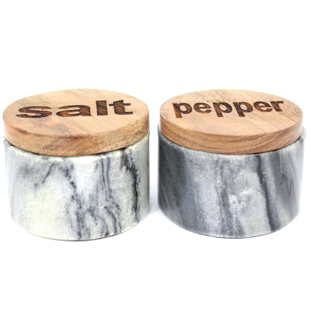 Marble Black & White Salt & Pepper Bowls Salt Cellar Set Natural Wood Covers